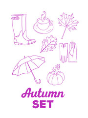 An autumn set of hand drawn objects. Umbrella, rubber boots, cup of hot drink, maple and oak leaf, gloves, pumpkin. Doodling, fall topic.