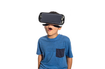 virtual reality goggles on young boy white background