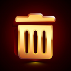 3D stylized Trash Bin icon. Golden vector icon. Isolated symbol illustration on dark background.