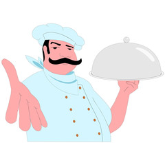 Vector. Mustache cook with a tray greets the visitor with a friendly gesture... or asking for a tip. Layers good separated.