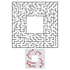 Black square maze with entrance and exit. An interesting and useful game for children. Simple flat vector illustration isolated on white background. With a place for your drawings. With the answer.