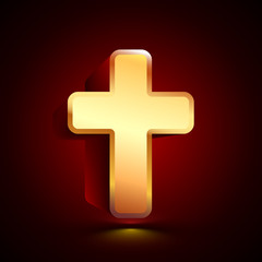 3D stylized Cross icon. Golden vector icon. Isolated symbol illustration on dark background.