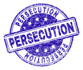 PERSECUTION stamp seal imprint with grunge texture. Designed with rounded rectangles and circles. Blue vector rubber print of PERSECUTION label with dust texture.