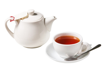 White tea cup with a spoon and a kettle (tea pot) isolated on white background. Teapot, spoon and...