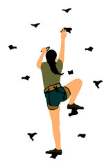 Fototapeta na wymiar Extreme sports girl climb without rope. Woman climbing vector illustration isolated. Sport weekend action in adventure park. Rock wall for fun. Tough and healthy discipline. Climbers skills. Workout.