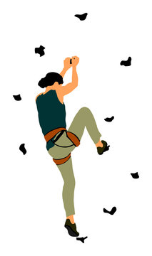 Extreme sports girl climb without rope. Woman climbing vector illustration isolated. Sport weekend action in adventure park. Rock wall for fun. Tough and healthy discipline.  Climbers skills. Workout.