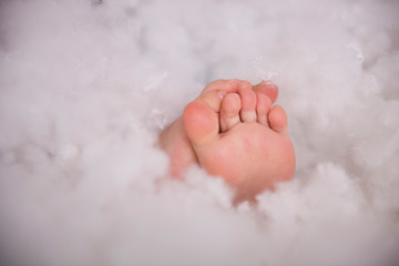 Fototapeta premium close up of cute small baby toes in a white cotton fool fluff 