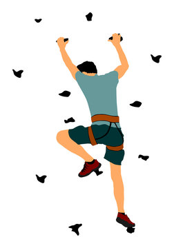 Extreme sportsman climb without rope. Man climbing vector illustration, isolated on background. Sport weekend action in adventure park. Rock wall for fun. Tough and healthy discipline. Climbers skills