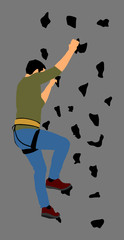 Plakat Extreme sportsman climb without rope. Man climbing vector illustration, isolated on background. Sport weekend action in adventure park. Rock wall for fun. Tough and healthy discipline. Climbers skills