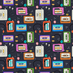 Cassette tapes and old players seamless pattern