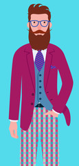 Elegant young bearded hipster with tartan checked pants, tie, grey vest and prune jacket 