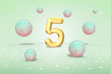 Gold number 5, flying shiny balls neon blue, pink colors and gold confetti on light green background, fifth year of birth, 3d rendering
