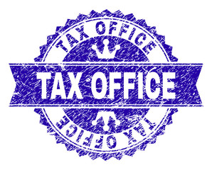 TAX OFFICE rosette stamp seal watermark with grunge texture. Designed with round rosette, ribbon and small crowns. Blue vector rubber watermark of TAX OFFICE label with unclean style.