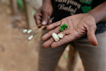 Indigenous man holding materials to make a spear