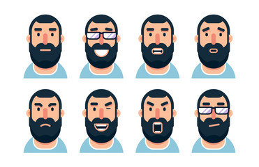 Cartoon bearded man character with various facial expressions.