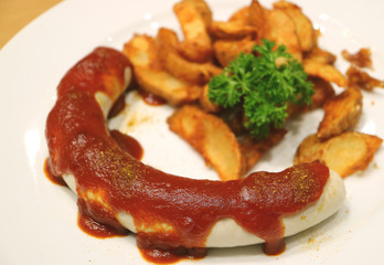 German White Sausage or Weisswurst with Curry Ketchup and Blurry Fried Potatoes in Background 