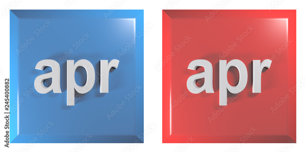 Poster blue and red couple of square push buttons april - 3d rendering illustration