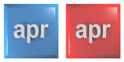 Blue and red couple of square push buttons APRIL - 3D rendering illustration