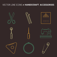 Vector handicraft accessories. Line art set of accessories for sewing and handmade.