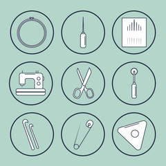 Vector handicraft accessories. Line art set of accessories for sewing and handmade.