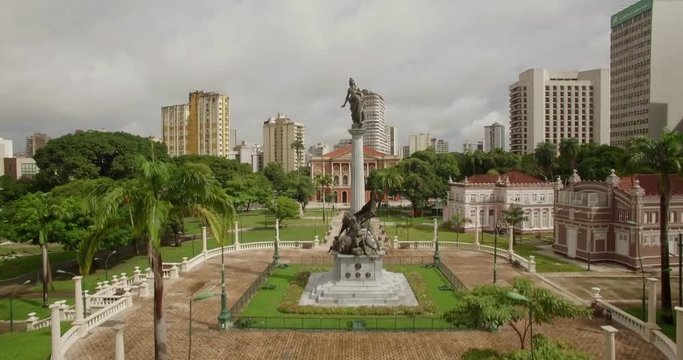 Ascending aerial of The Peace Theatre, Teatro da Paz in Belem do Para, Amazon, Brazil