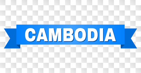 CAMBODIA text on a ribbon. Designed with white title and blue tape. Vector banner with CAMBODIA tag on a transparent background.