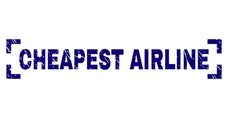 CHEAPEST AIRLINE tag seal print with distress texture. Text title is placed between corners. Blue vector rubber print of CHEAPEST AIRLINE with dirty texture.