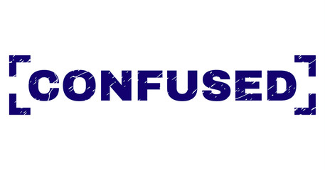 CONFUSED text seal imprint with grunge texture. Text label is placed inside corners. Blue vector rubber print of CONFUSED with grunge texture.
