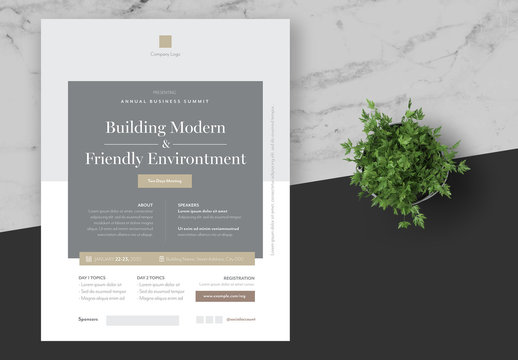 Business Event Flyer Layout with Grey and Gold Accents