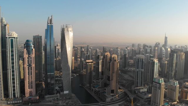 Panorama from left to right of Dubai Marina skyscrapers.