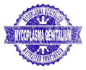 Obraz premium MYCOPLASMA GENITALIUM rosette seal overlay with grunge texture. Designed with round rosette, ribbon and small crowns. Blue vector rubber print of MYCOPLASMA GENITALIUM text with grunge texture.
