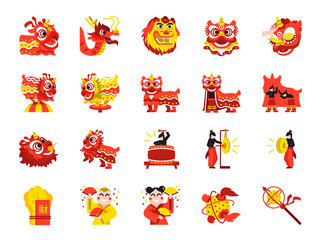 Chinese lion dance line icon set. Included the icons as performances, musician, lion dance, dragon dance, celebration and more.