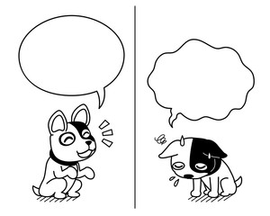 Cartoon character french bulldog expressing different emotions with speech bubbles for design.