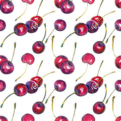 Seamless pattern with ripe red cherry fruits. Watercolor on white background.