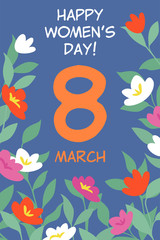 Vector illustration for greeting card or banner to the international women's day with flowers on a dark blue background