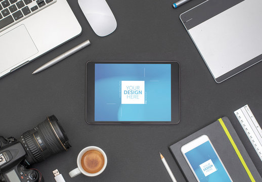 Desk with Tablet, Smartphone, and Camera Mockup