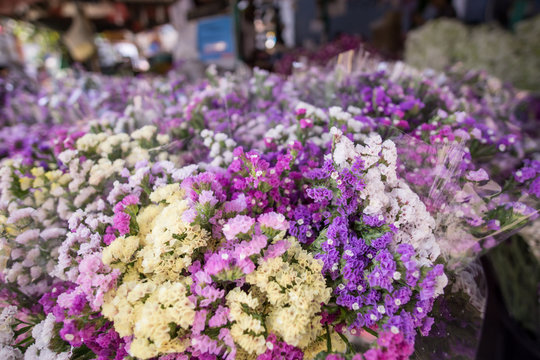 sale of bouquets of lavender flowers in front of supermarket