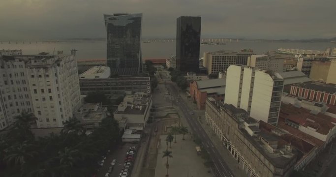 Aerial view of Valongo Rio de Janeiro's 'Slave Wharf' UNESCO world heritage site in the port area with modern office buildings in the background