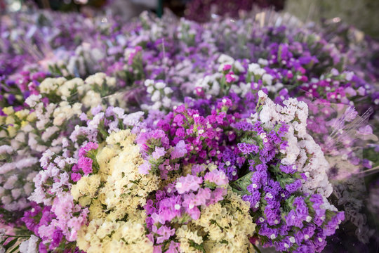 sale of bouquets of lavender flowers in front of supermarket