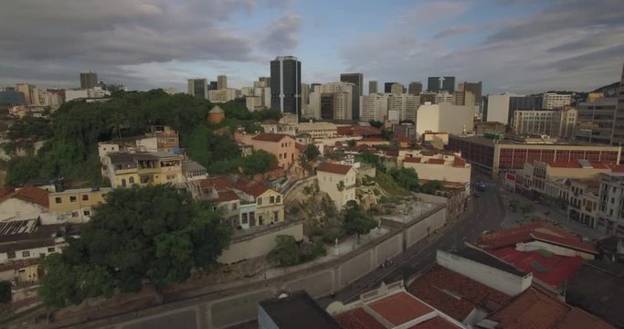 Aerial view of The Hanging Garden of Valongo, a landscaped building located on the western slope of the Morro da Concei&ccedil;&atilde;o in the neighborhood of Sa&uacute;de in the city of Rio de Janeiro, Brazil with downt