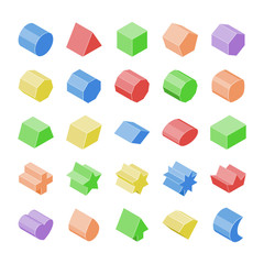 Fototapeta na wymiar Basic isometric set vector geometric 3d shapes. Kids figures school collection. Cylinder, cube, triangular prism, hexagonal, cuboid, parallelepiped, cross, crown, heart, drop, arrow, diamond, crescent