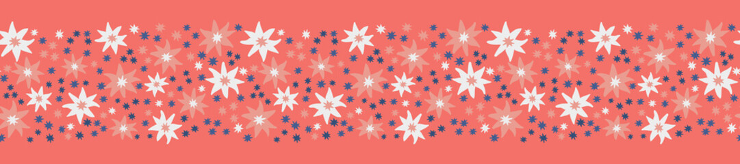 Small hand drawn star shaped flowers create a pretty coral border pattern for paper, fabrics, decorative tape, fashion accessories, stationery and graphic design uses.  Seamless repeat vector.