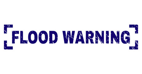 FLOOD WARNING tag seal print with grunge style. Text tag is placed between corners. Blue vector rubber print of FLOOD WARNING with scratched texture.