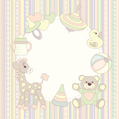 Vector baby pattern. Illustration with cute animals and toys for kids. Childrens background for wallpaper or textile. Baby shower pattern, brightfr or birthday greeting card.