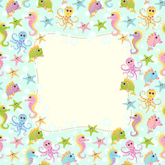 Fototapeta na wymiar Vector baby pattern. Illustration with cute animals and toys for kids. Childrens background for wallpaper or textile. Baby shower pattern, brightfr or birthday greeting card.