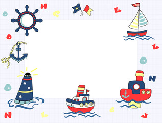 Vector baby pattern with transport. Illustration with cars, airplane and boats for kids. Childrens background for wallpaper or textile. Baby shower pattern, bright frame or birthday greeting card.
