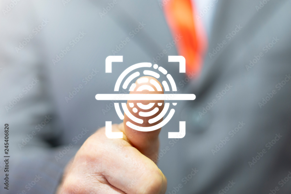 Poster a businessman touched the fingers of a virtual scanner to scan a fingerprint and personal identifica