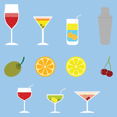 Cocktail objects. Colorful cocktail icons with various cocktails, fruits and shaker. Vector illustration.