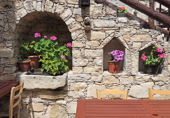 Interior stairs at home with flowers in the street, island Cyprus