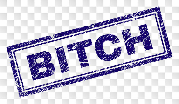 BITCH stamp seal print with grunge style and double framed rectangle shape. Stamp is placed on a transparent background. Blue vector rubber print of BITCH tag with grunge texture.